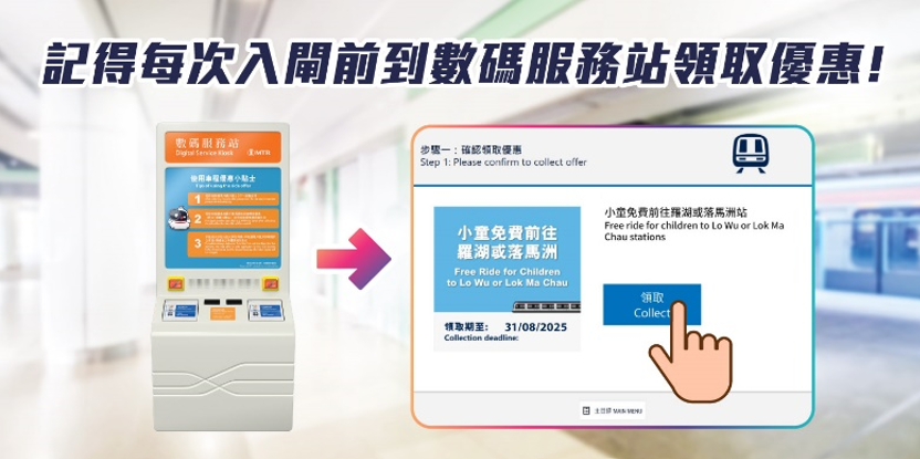 港鐵小童免費往來羅湖或落馬洲站攞優惠方法（數碼服務站3步曲）。(資料來源：港鐵官方網站)