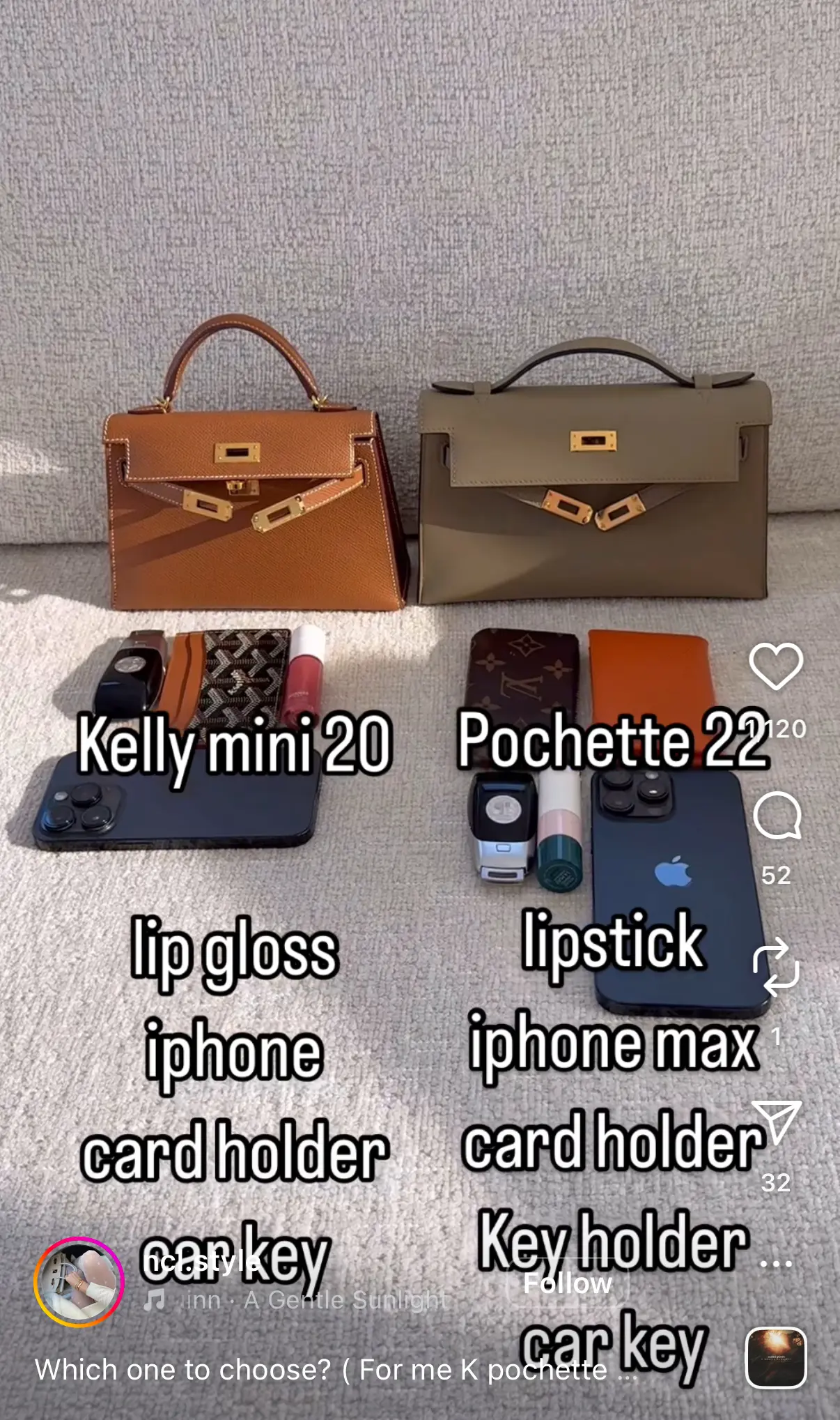 網民分享Mini Kelly II 同 Kelly Pochette（Mini Kelly I）容量。(資料來源：社交平台)