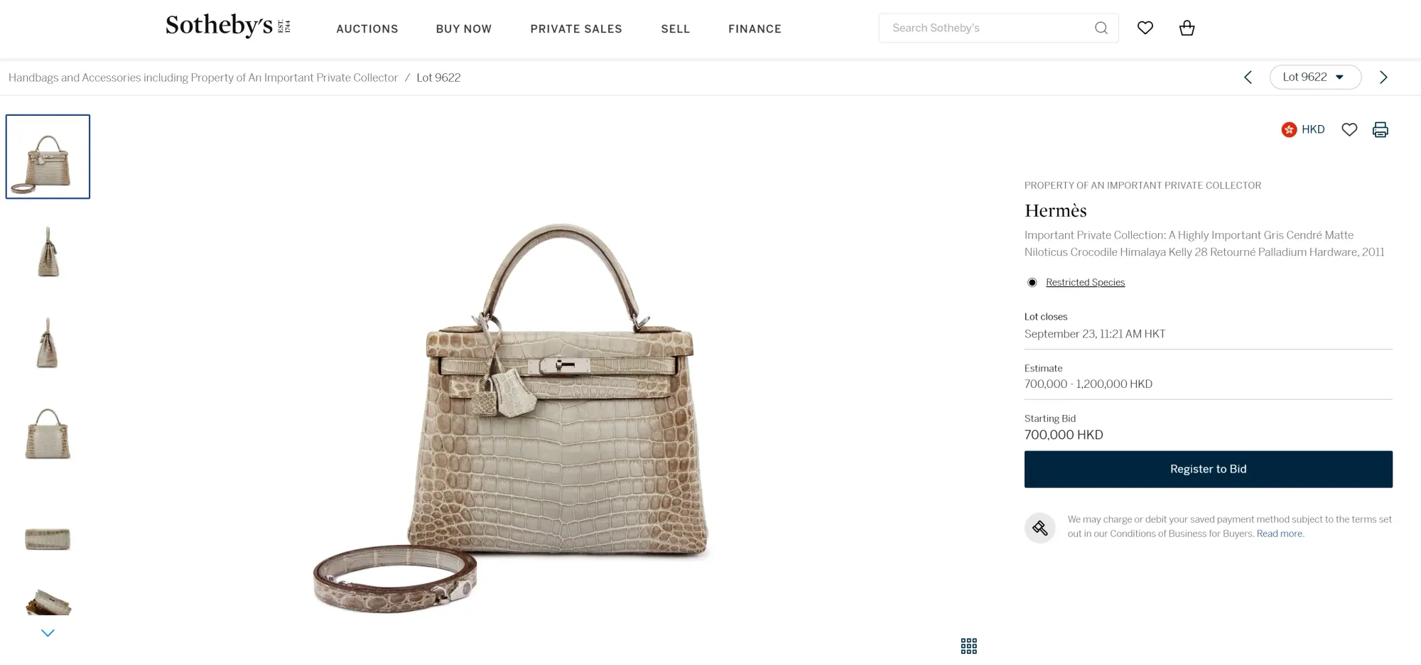Sotheby網上競投Hermès Himalaya Kelly 28（2011年）(資料來源：Sotheby官方網站)