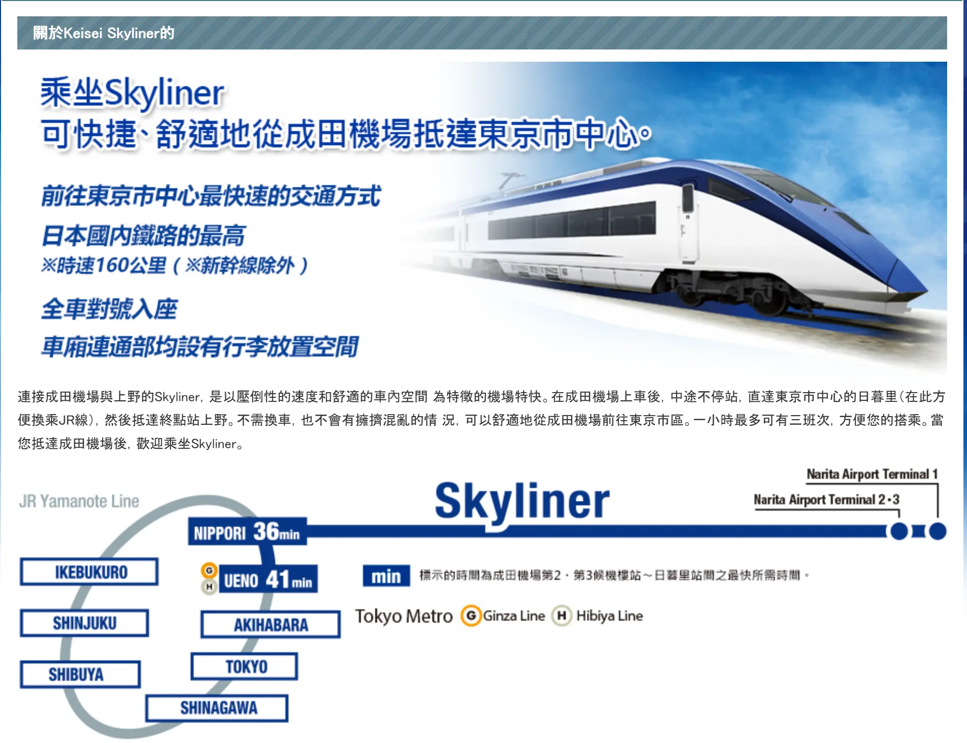 京成電鐵Skyliner最快36分鐘就出到東京市中心。(資料來源：京成電鐵官方網站)