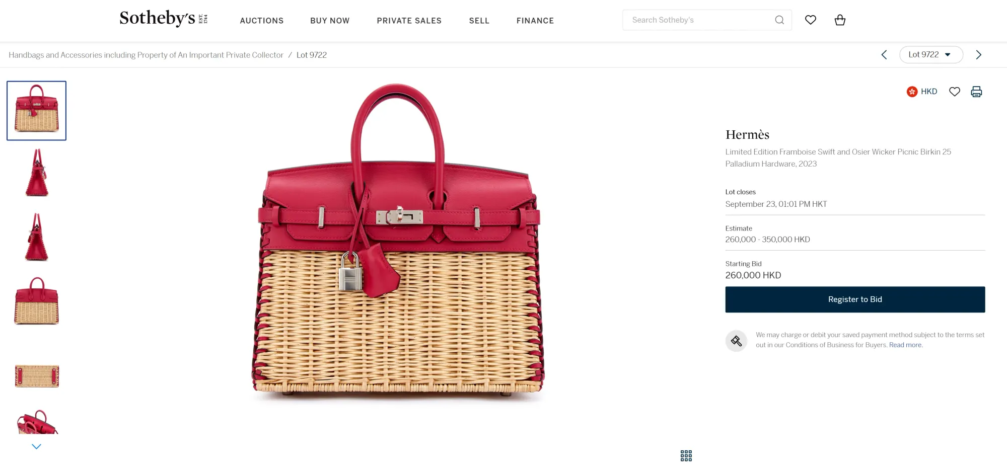 Sotheby網上競投Hermès Picnic Birkin 25（2023年）(資料來源：Sotheby官方網站)