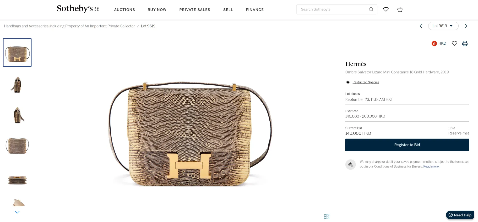 Sotheby網上競投Hermès Mini Constance 18（2019年）(資料來源：Sotheby官方網站)