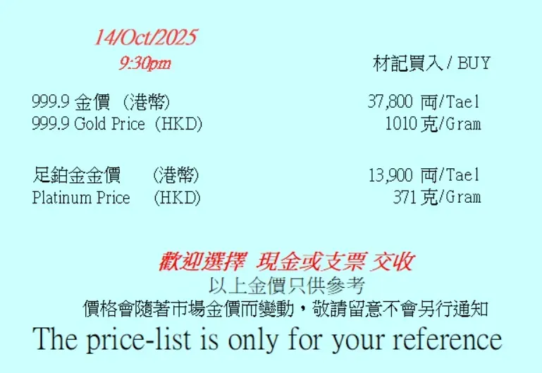 金行公布嘅參考金價。(資料來源: 材記金舖)