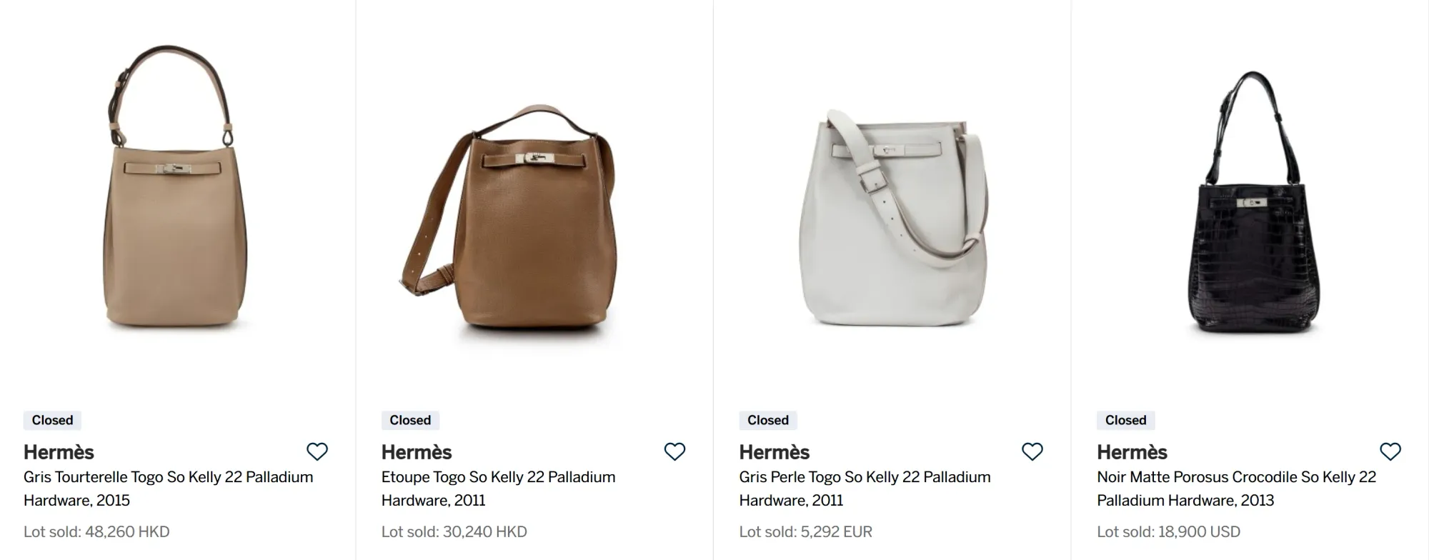 停產近十年嘅Hermès So Kelly 二手成交價 (資料來源:Sotheby官方網站)