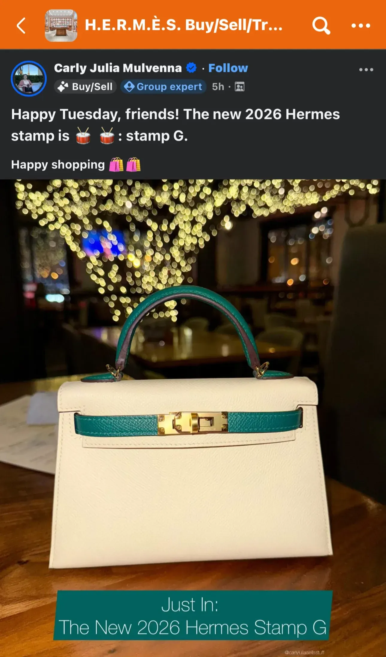 網民 Carly Julia Mulvennay 於2026 年 1 月 21 日 Facebook 分享的 2026 年 G 刻印,該包袋屬特別訂製款式(Special Order),為愛馬仕部分客製化製作案例之一。