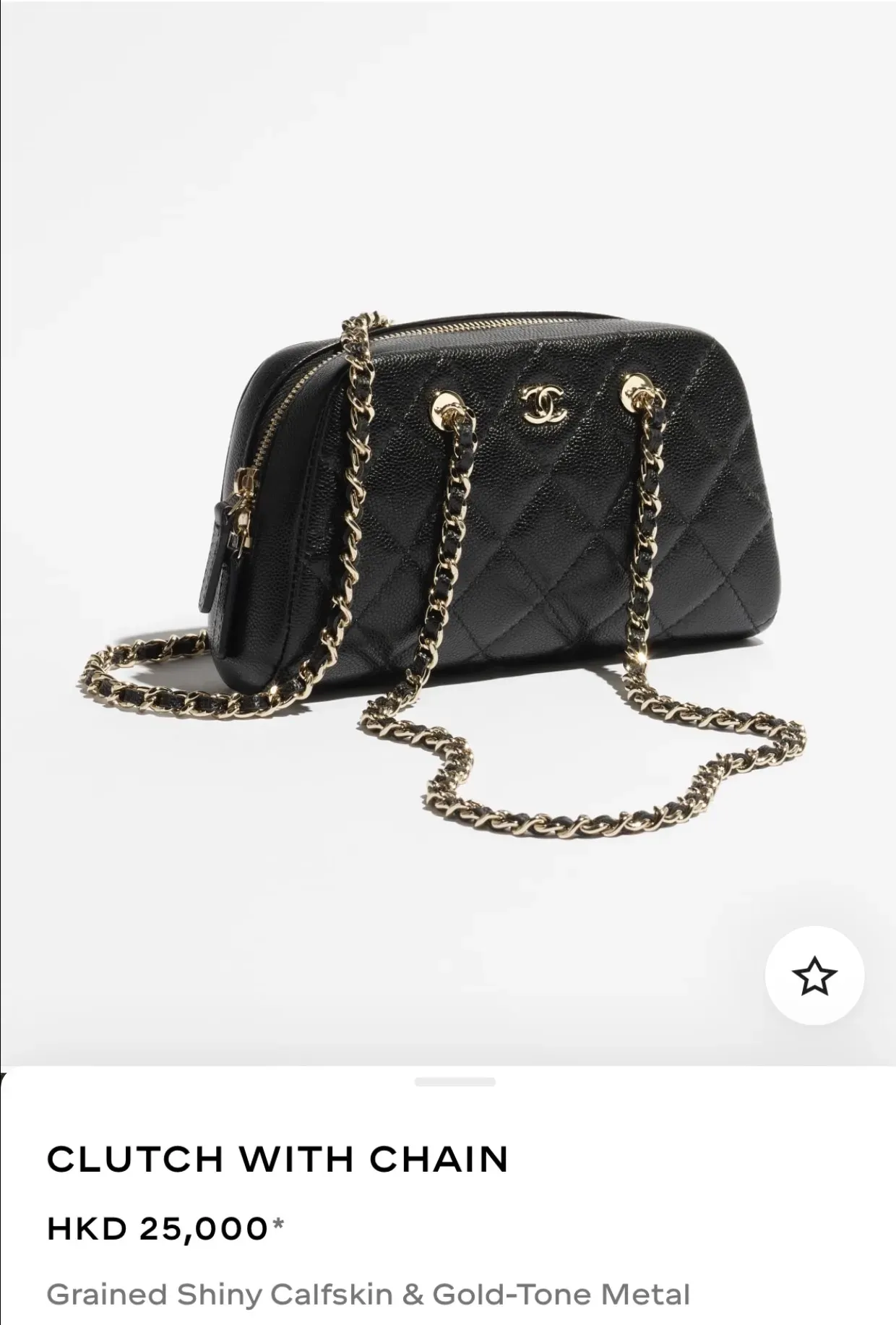 Chanel Clutch with Chain,黑色荔枝紋牛皮配金色金屬鏈帶,Chanel 官方網站顯示定價:HK$25,000