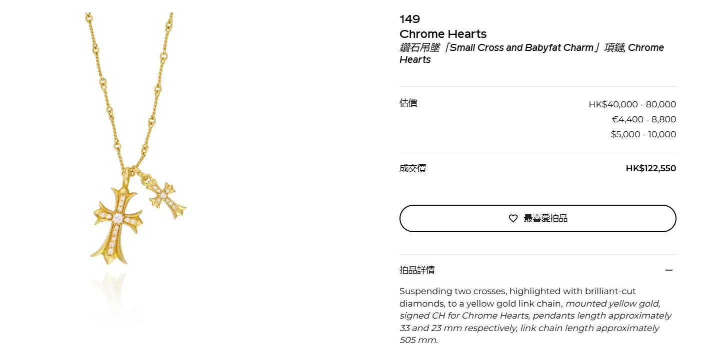 Phillips 拍賣中,Chrome Hearts 鑽石十字架項鏈以高於估價成交