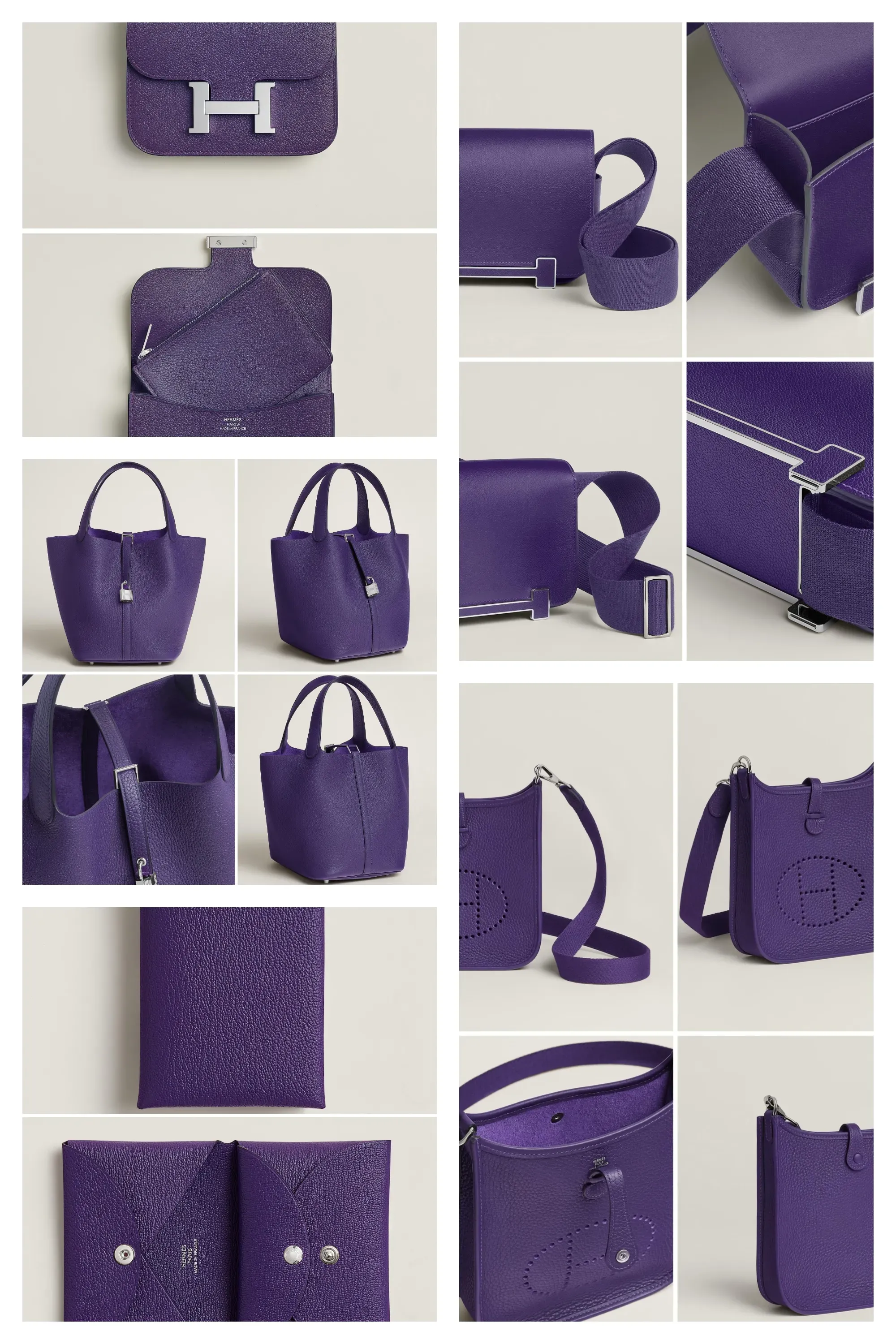 Hermès&nbsp;官網示意X3&nbsp;紫色於不同款色上嘅呈現效果。