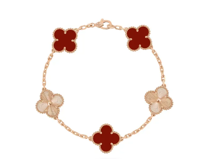 Vintage Alhambra手鍊,5枚四葉幸運圖案 18K玫瑰金, 紅玉髓 HKD46,100