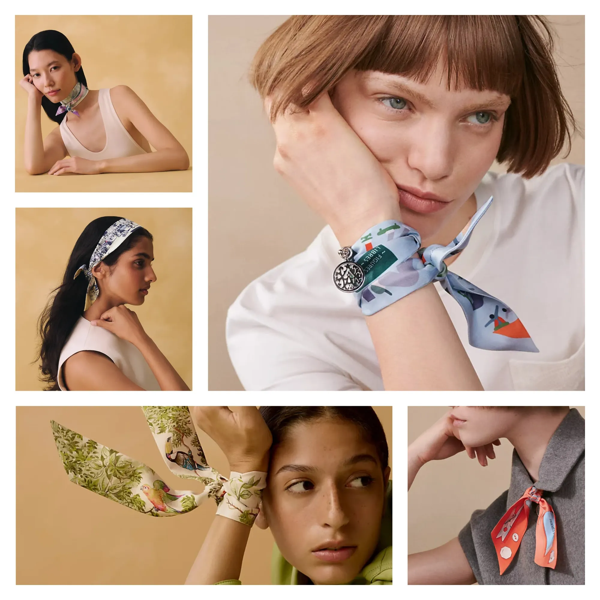 多款 Twilly 作為裝飾佩戴示範,利用細長設計打結於頸側、衣領前方、手繩或作頭飾使用,適合日常簡約穿搭作點綴用途。