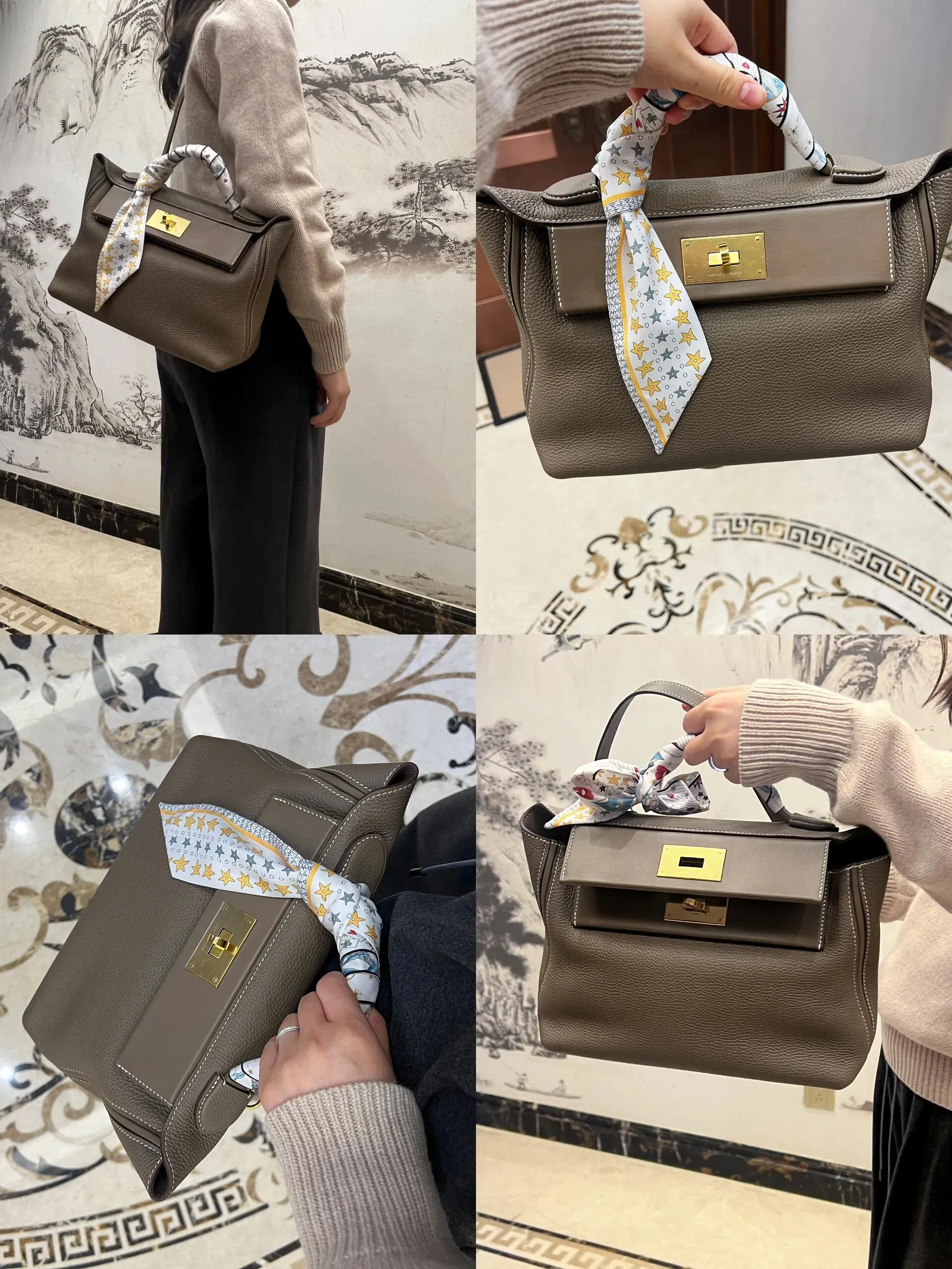 網民分享 Hermès 24/24 29cm 手袋實拍照,可手提亦可上肩,配搭 Twilly 呈現不同風格。