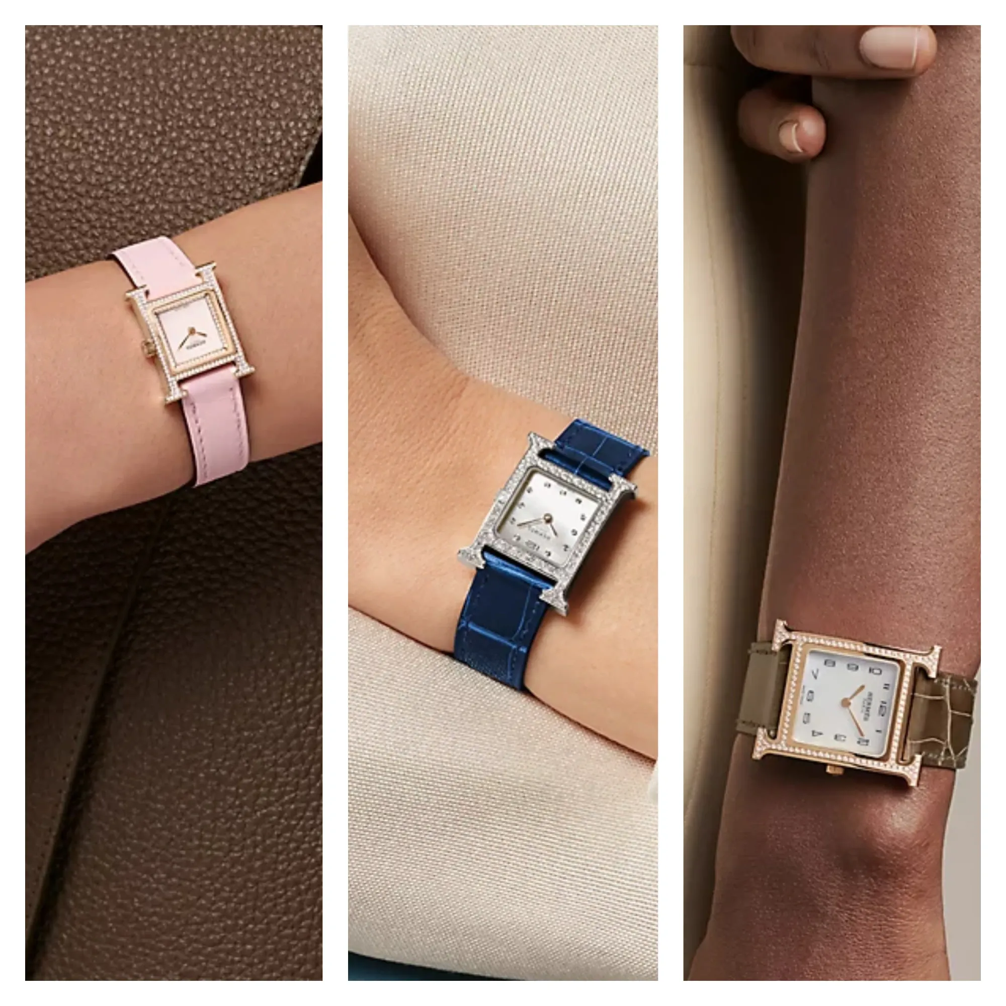 Hermès Heure H 屬品牌經典「H」字形錶殼設計,圖中由左至右分別為 21mm(Mini)、25mm(Small)及 30mm(Medium)尺寸,比例由細緻斯文至較有存在感不等。