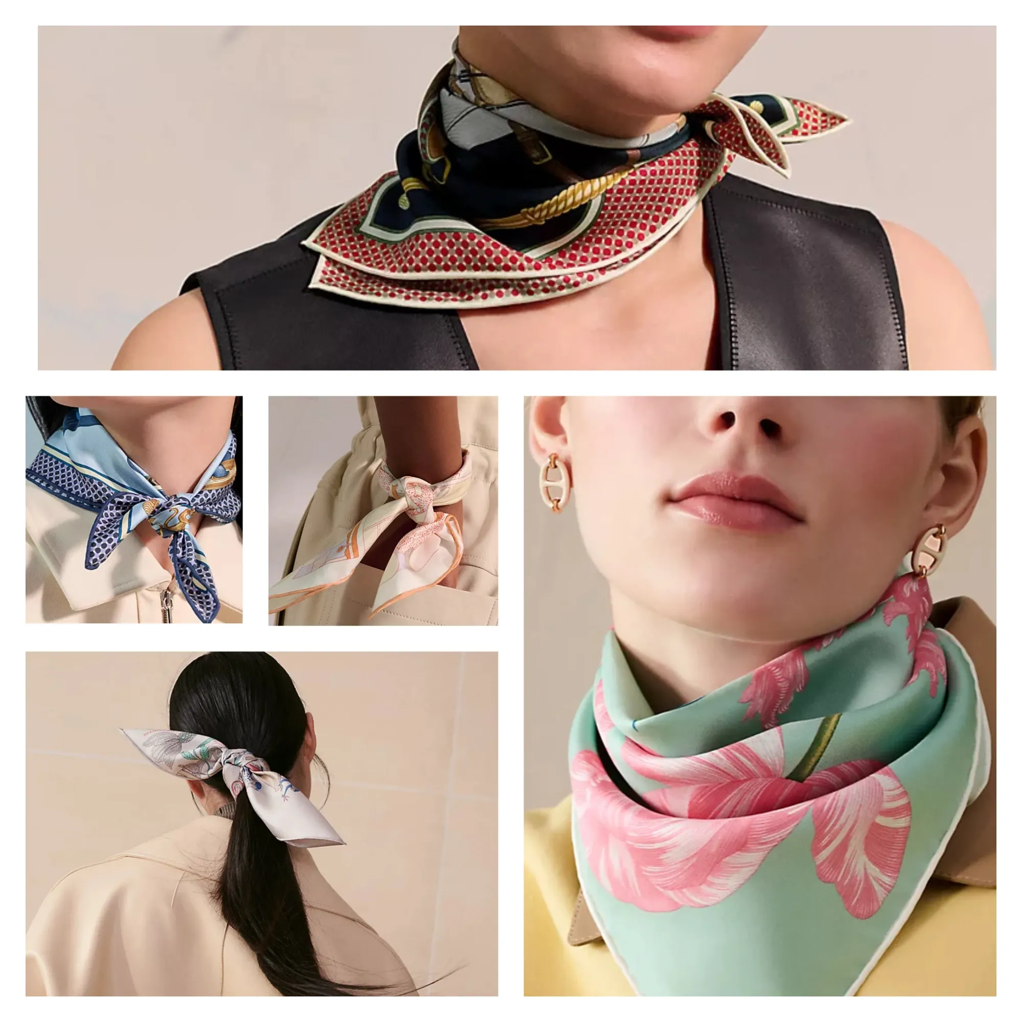 45 尺寸 model 示範,可作領巾、頭巾或手飾使用,亦可作袋飾搭配,展示小方巾於不同穿搭情境下嘅實際效果。