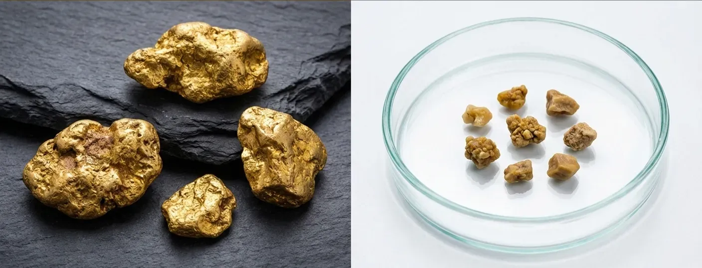 天然金粒與腎結石外觀對比。兩者同樣呈不規則塊狀及黃褐色,匆忙情況下容易誤判。