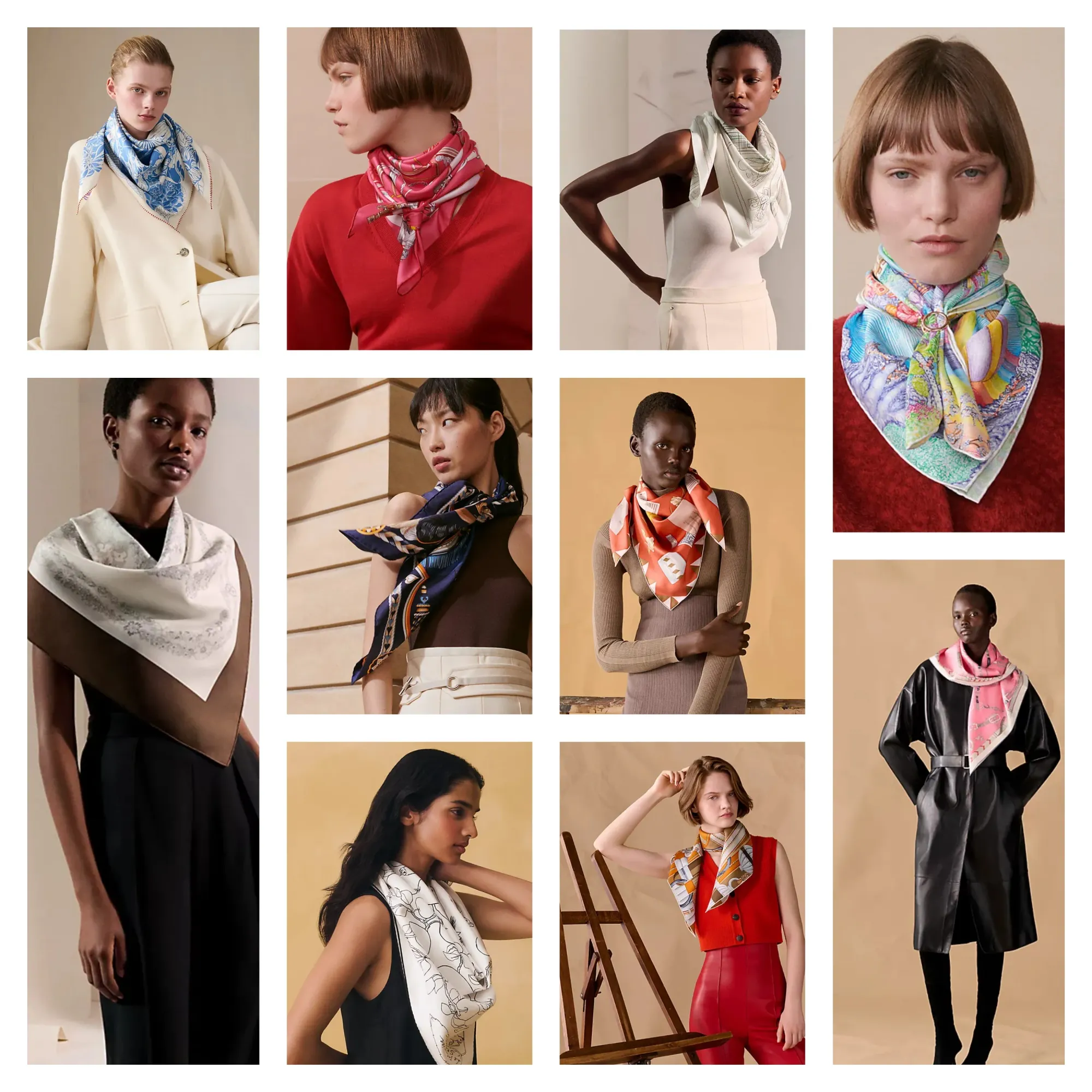 90 尺寸多款示範作頸巾佩戴,透過不同摺法與打結方式,展示正方形絲巾喺日常穿搭中嘅視覺比例與層次效果。