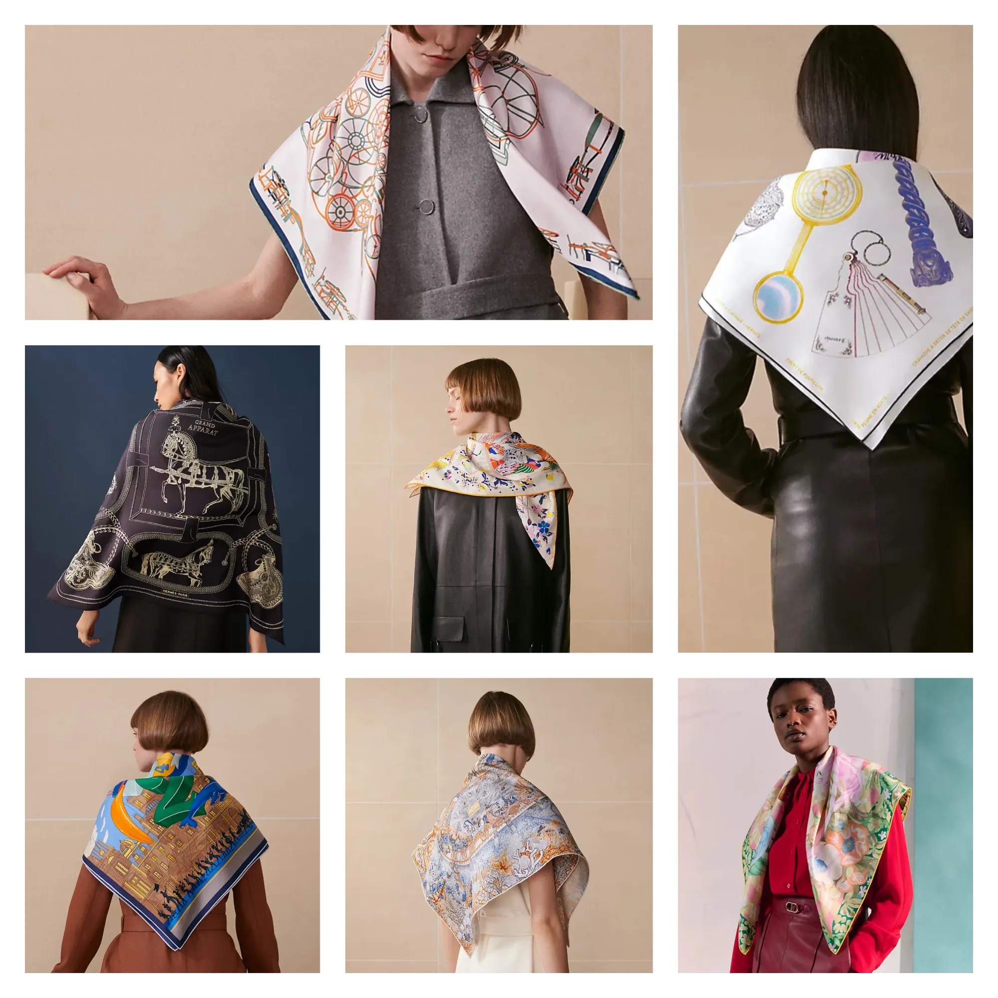 90 尺寸多款示範作披肩使用,覆蓋肩部或上半身,呈現較完整圖案,同時兼具造型與輕度保暖功能。