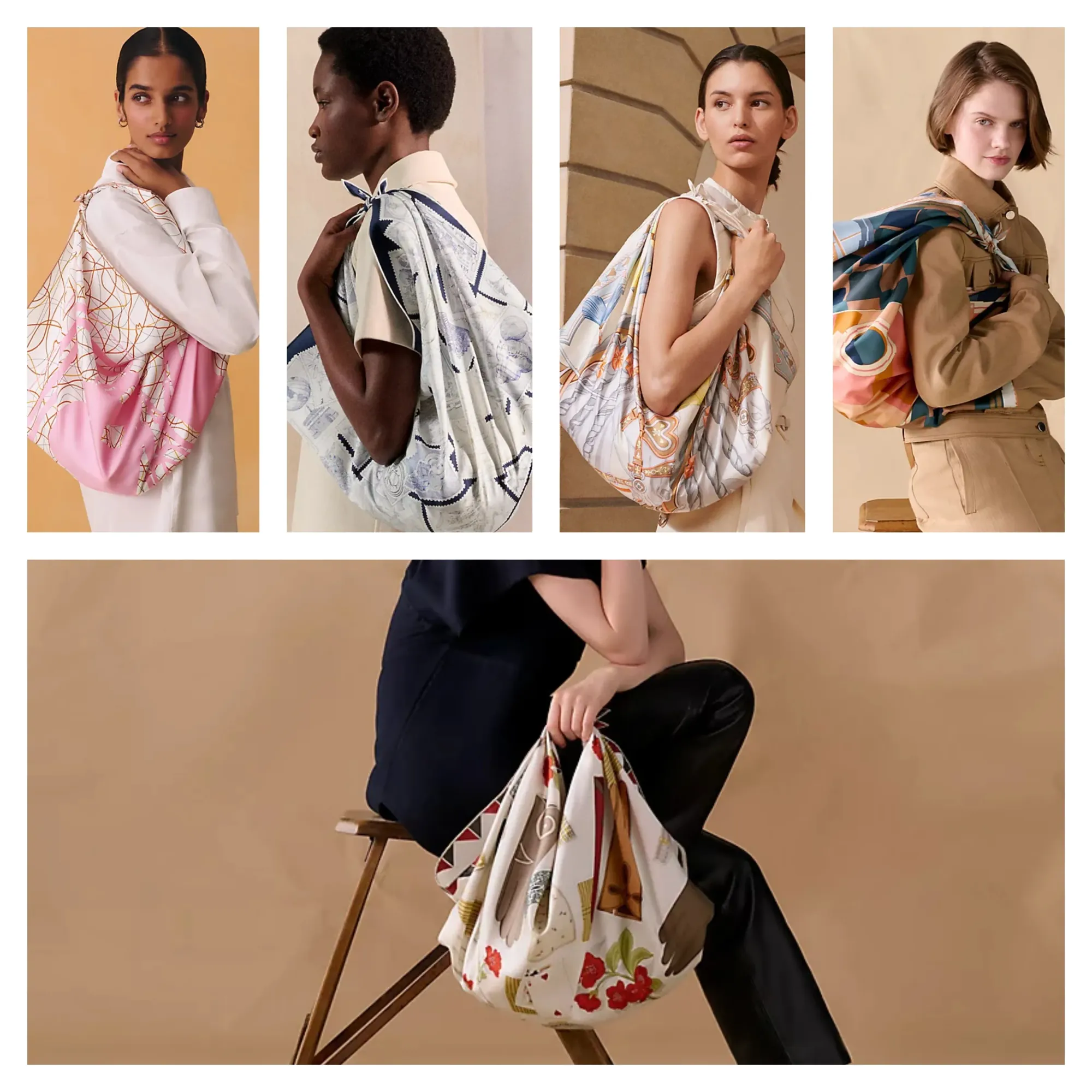 90 尺寸多款示範以絲巾摺疊及打結方式變成簡易手袋造型,展示正方形絲巾喺造型延伸上嘅實際應用可能性。