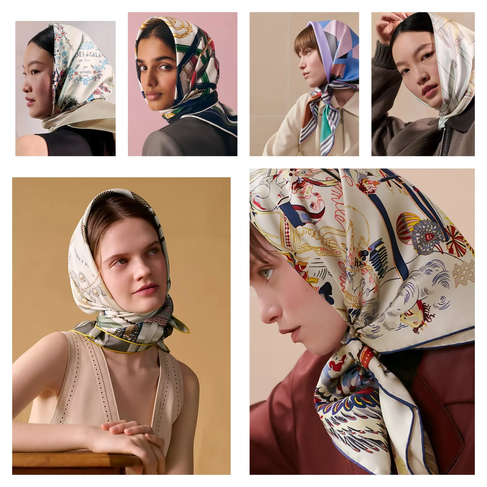 90 尺寸多款示範作頭巾搭配,透過不同包裹與綁結方式呈現全包式或半覆蓋造型,展示正方形絲巾於休閒或度假穿搭中嘅實際應用效果。