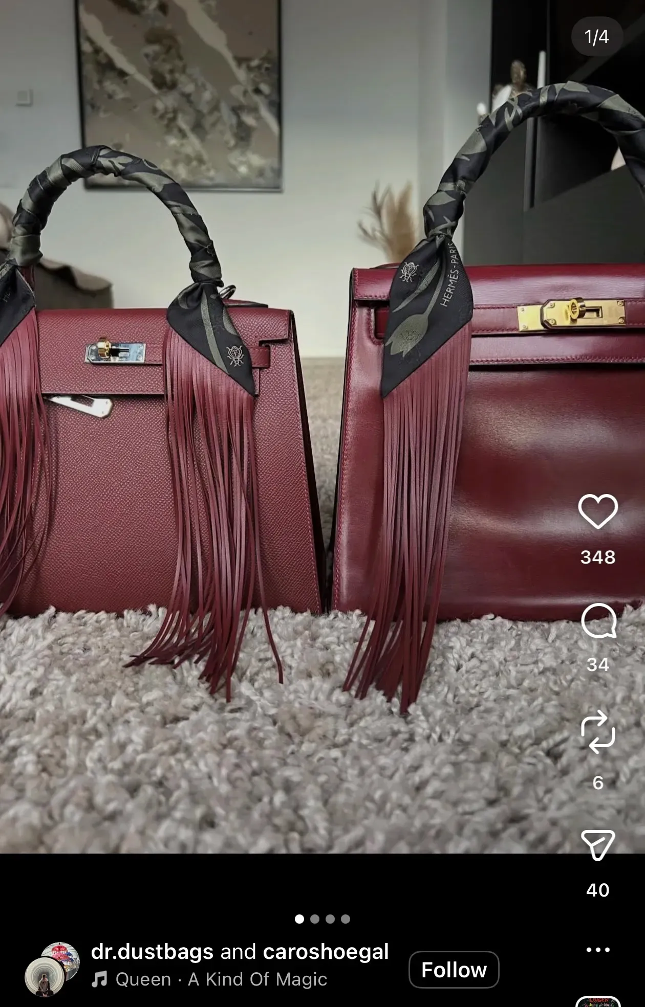 網民sweetbabybladefoot&nbsp;於Instagram分享Leather Fringes Twilly&nbsp;綁於Kelly手袋