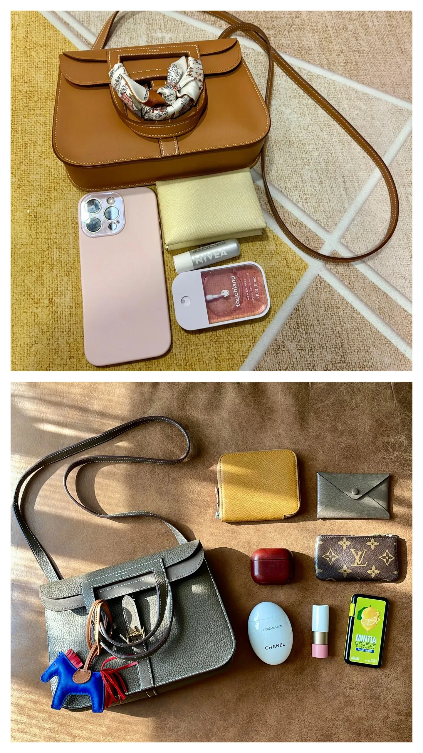 實際放入物品後可見,Halzan 25(下)能應付一般日常出街所需;Halzan Mini(上)則較適合精簡隨身配置。