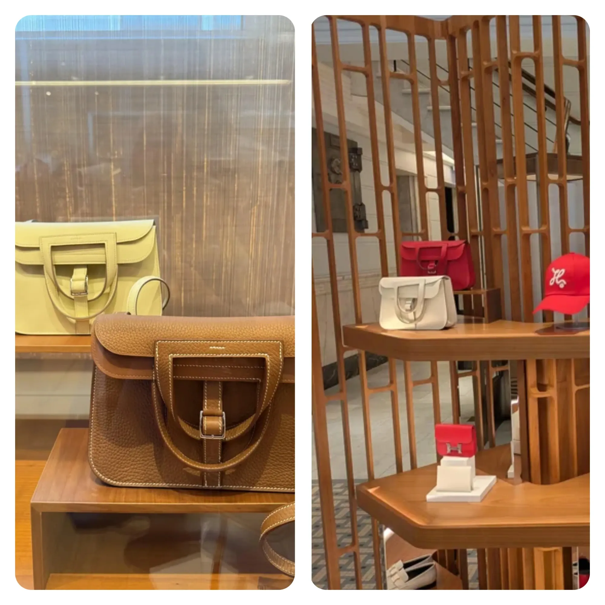 網民於 2025 年至 2026 年期間分享,倫敦 Bond Street (左) 及悉尼 (右) Hermès 專門店架上仍可見 Halzan Mini 及 25 現貨,反映該款袋並未全面停產,惟不同地區及顏色供應情況或有差異。