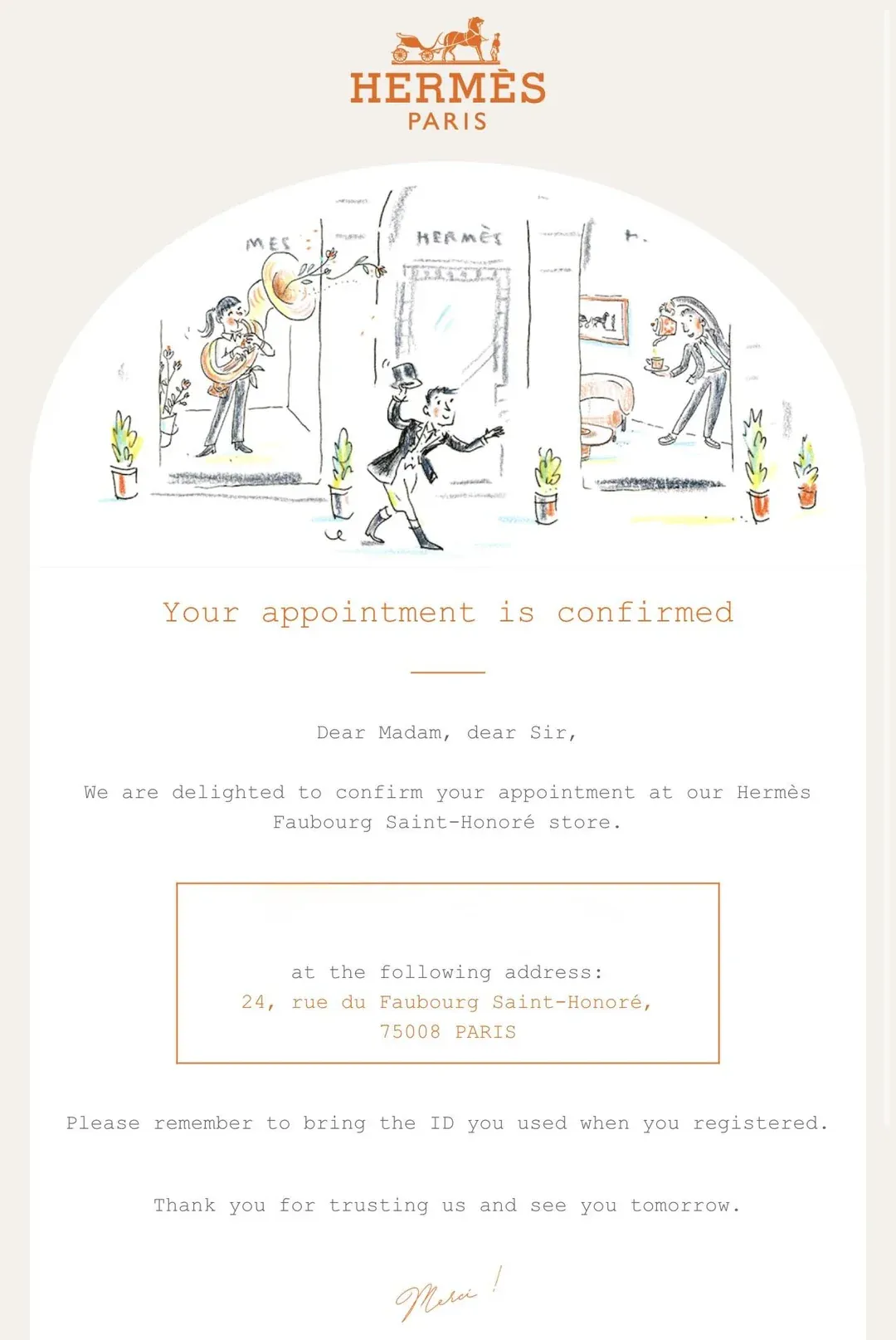Hermès Paris Appointment&nbsp;抽籤成功後會收到&nbsp;email confirmation（示意）