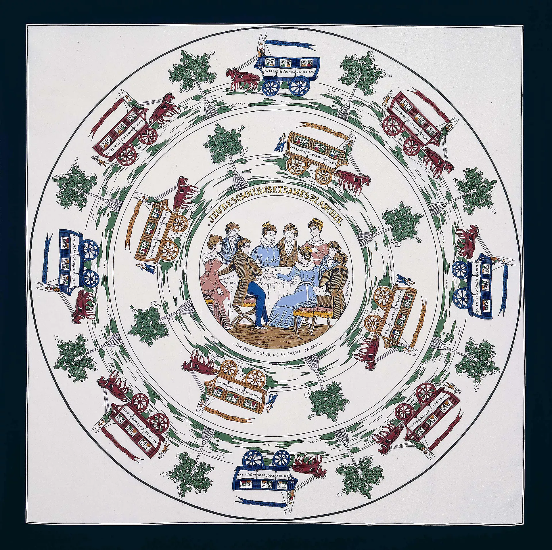 Hermès&nbsp;首條絲巾於&nbsp;1937&nbsp;年推出，首個圖案名為&nbsp;Jeu des Omnibus et Dames Blanches，由&nbsp;Émile Hermès&nbsp;女婿&nbsp;Robert Dumas&nbsp;設計，並成為品牌絲巾系列嘅起點。