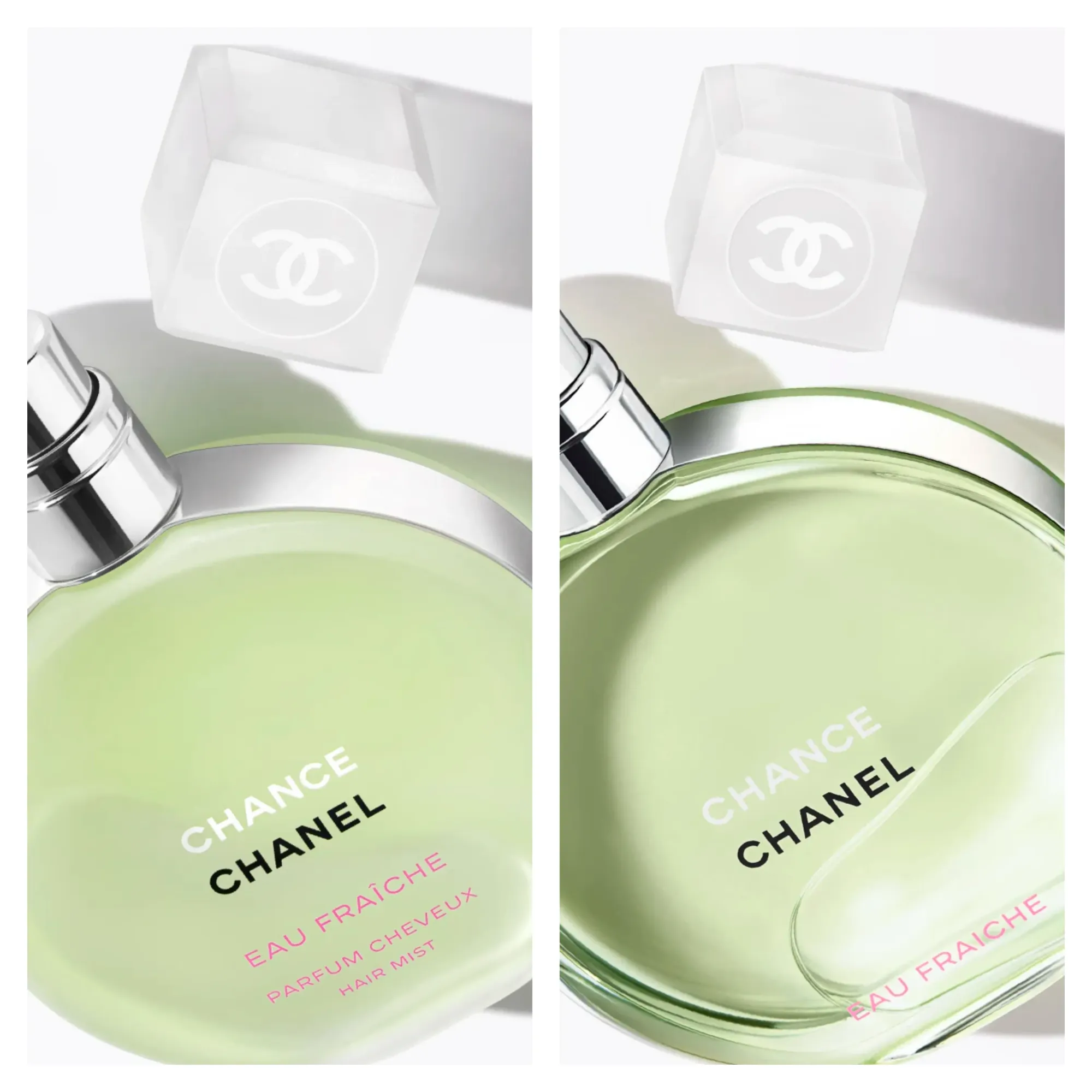 左為&nbsp;Chanel CHANCE EAU TENDRE&nbsp;髮香噴霧（35ml，約HKD 520）；右為&nbsp;CHANCE EAU FRAÎCHE&nbsp;淡香水噴霧（50ml，約HKD 945），兩者在容量、價格及產品定位（髮香&nbsp;vs&nbsp;香水）上均有明顯差異。