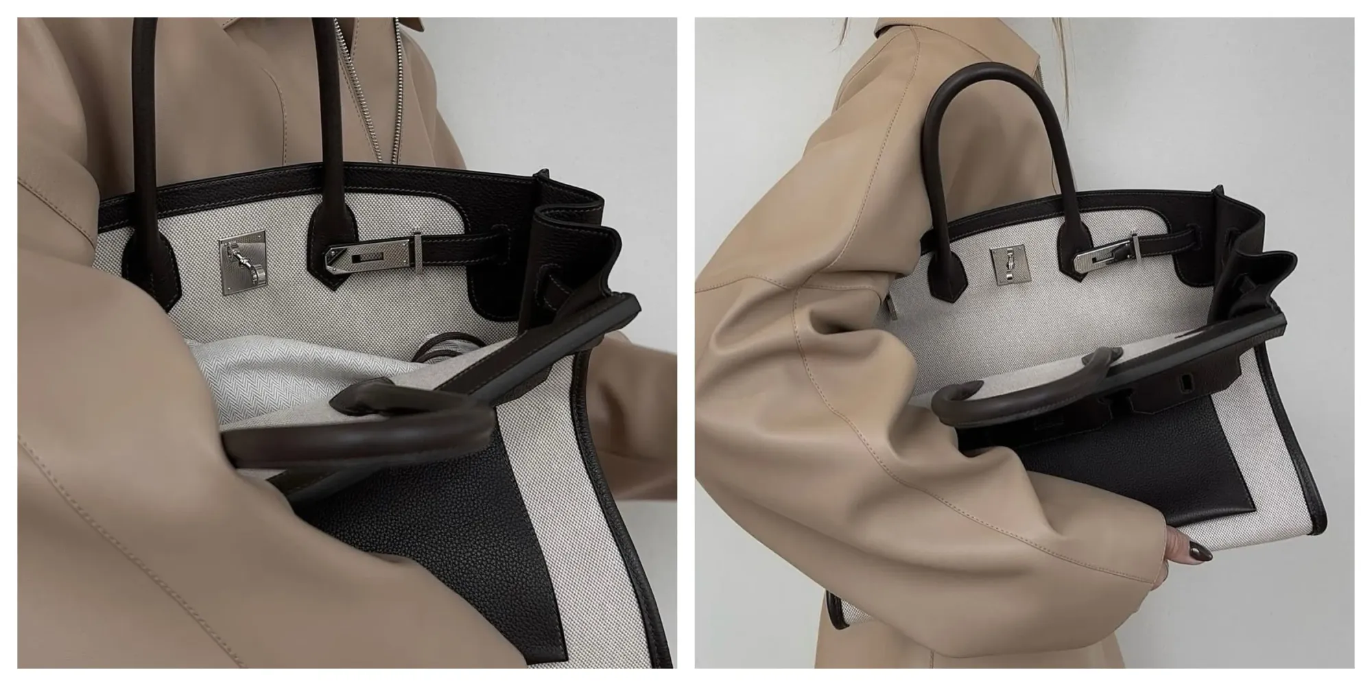 近距離觀察顛倒式&nbsp;Birkin（Birkin À l’Envers），將袋款內外翻轉，招牌鎖扣設於袋內，而內袋位置則外露，形成強烈對比。