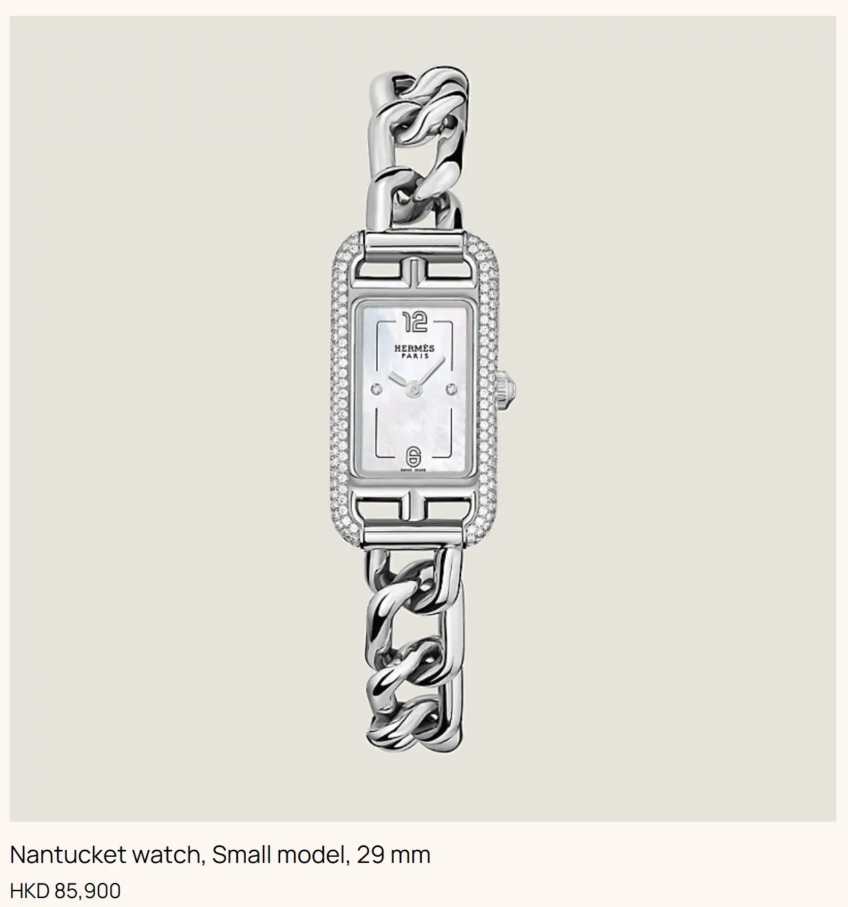 Hermès 官方資料:Nantucket watch Small model(29mm),售價約 HKD 85,900。