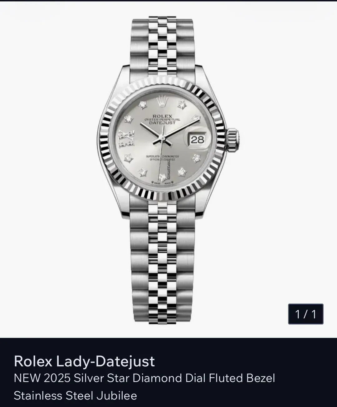 網民考慮入手嘅&nbsp;Rolex Lady-Datejust 2025 Silver Star Diamond Dial Fluted Bezel Stainless Steel Jubilee（示意圖）