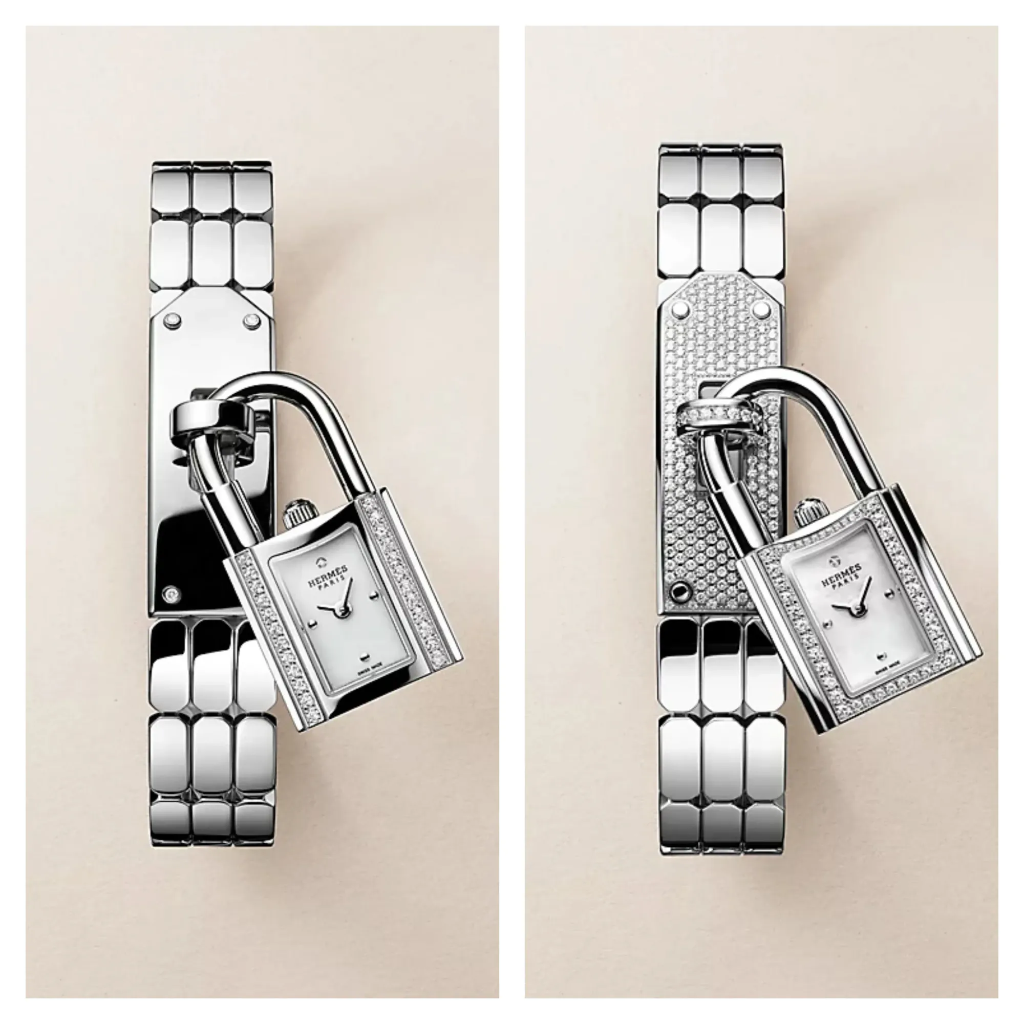 左圖為基本款，定價約&nbsp;USD 6,750（約港幣&nbsp;HKD 52,000）；右圖為鑽石款，定價約&nbsp;USD 46,800（約港幣&nbsp;HKD 365,000），兩者在材質與設計細節上有明顯差異。