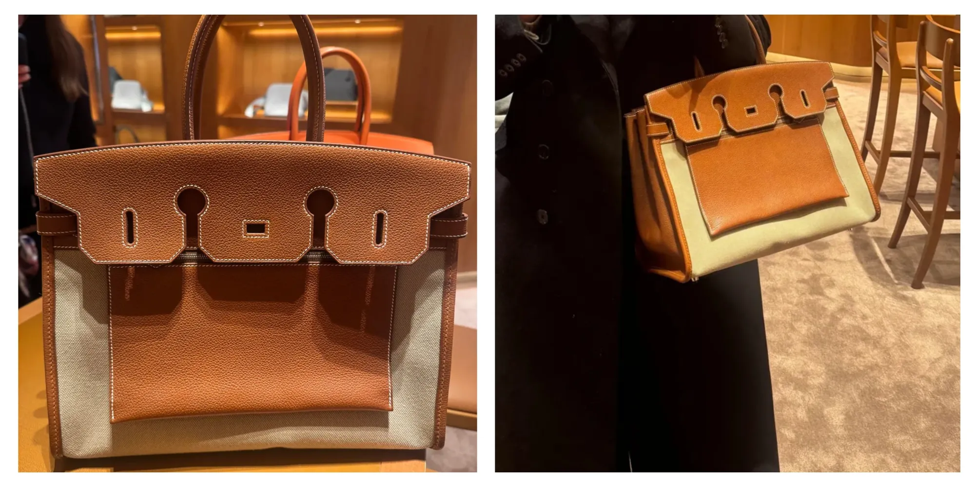 有用家分享到店內試袋時接觸到&nbsp;Birkin 35 À l’Envers（Fauve Barenia Faubourg&nbsp;配色），雖然重量較傳統款稍重，但外觀吸引。