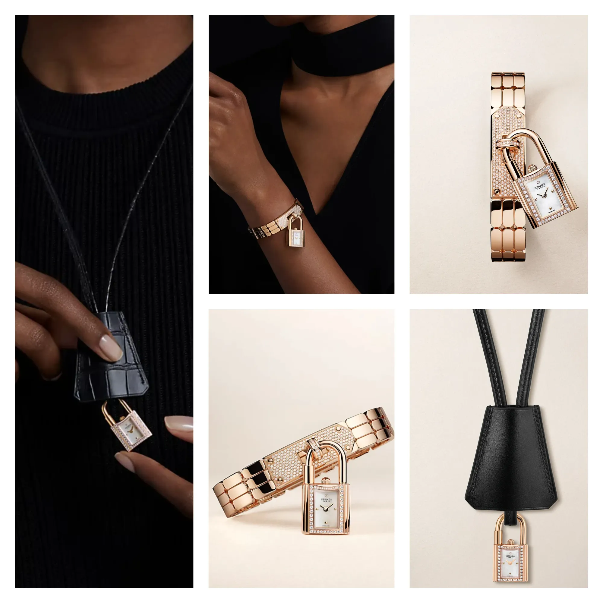 官方資料顯示，Kelly Watch&nbsp;亦提供&nbsp;750/1000&nbsp;玫瑰金（Rose Gold）版本，配備鑽石鑲嵌白色珍珠母貝錶面及石英機芯，並設有可拆式鎖頭設計，配以啞面黑色鱷魚皮繩及玫瑰金手鏈，整體質感溫潤且更顯華麗精緻；定價約為&nbsp;USD 46,800。