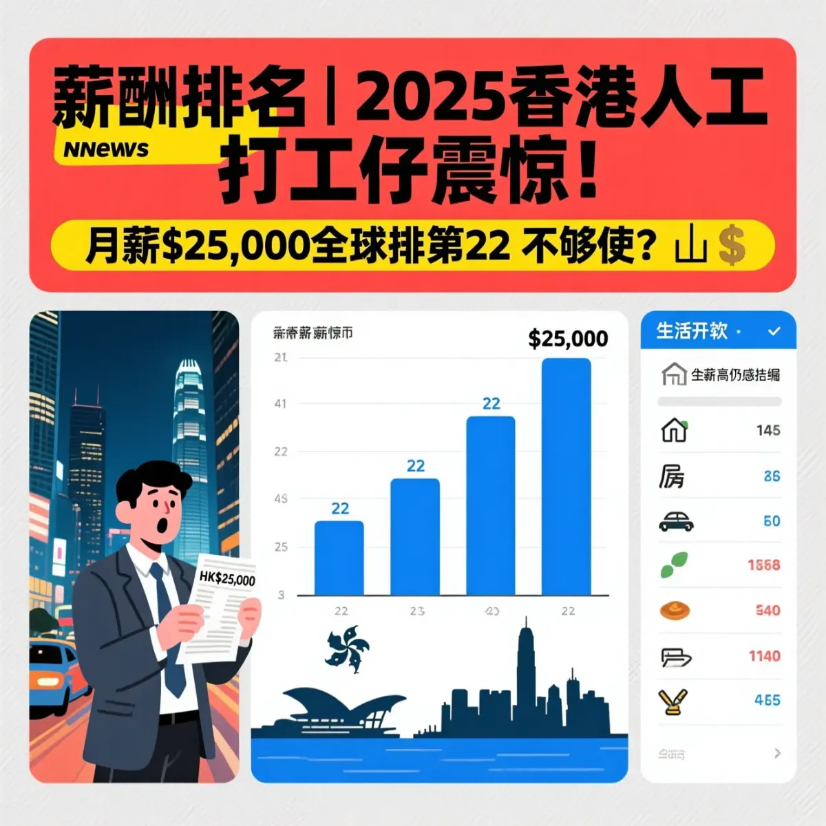 薪酬排名|2025香港人工曝光 打工仔震驚!月薪$25,000全球排第22 唔夠使?📉💰