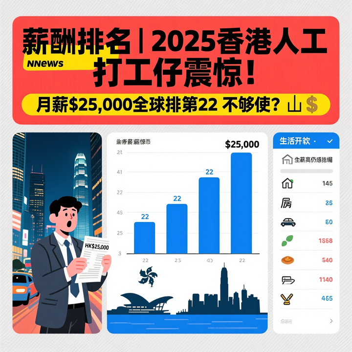 薪酬排名|2025香港人工曝光 打工仔震驚！月薪$25,000全球排第22 唔夠使？📉💰(資料來源：通義千問AI製圖)