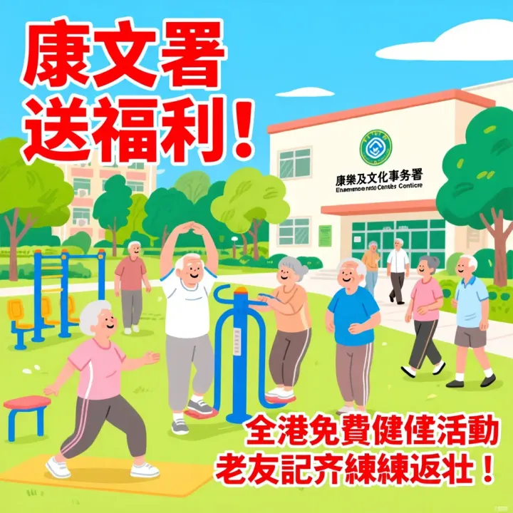 康文署送福利 全港免費健體活動 老友記齊齊練返壯！🎁💪(通義千問AI製圖)