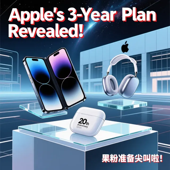 📢Apple三年計劃曝光！摺機、Air、20週年版逐年炸出！果粉準備尖叫啦！📱💥(通義千問AI製圖)