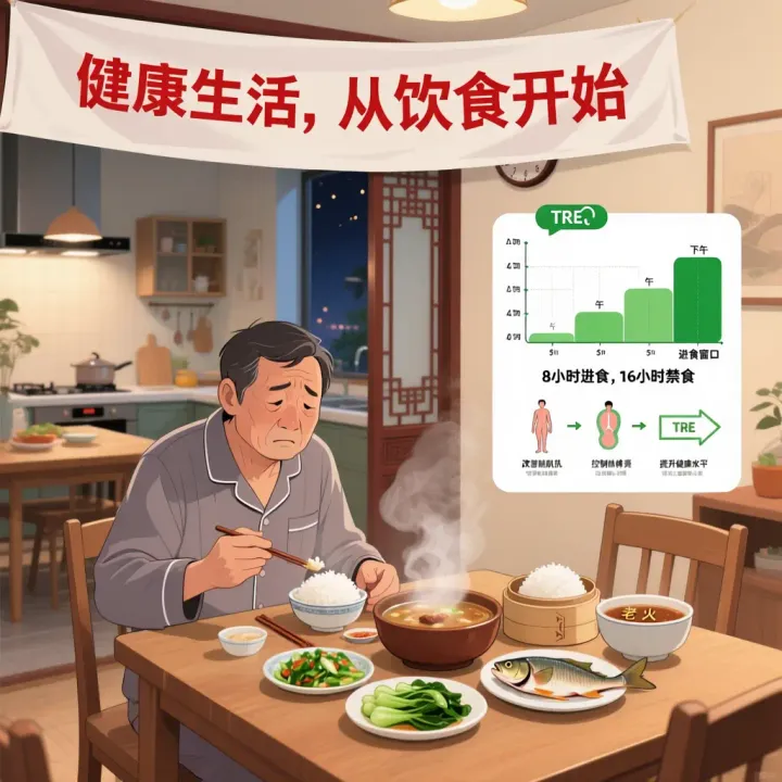 健生村|唔食晚飯真係長命啲？🕒🍽️ 時間限制飲食TRE點樣幫你更健康？(通義千問AI製圖)