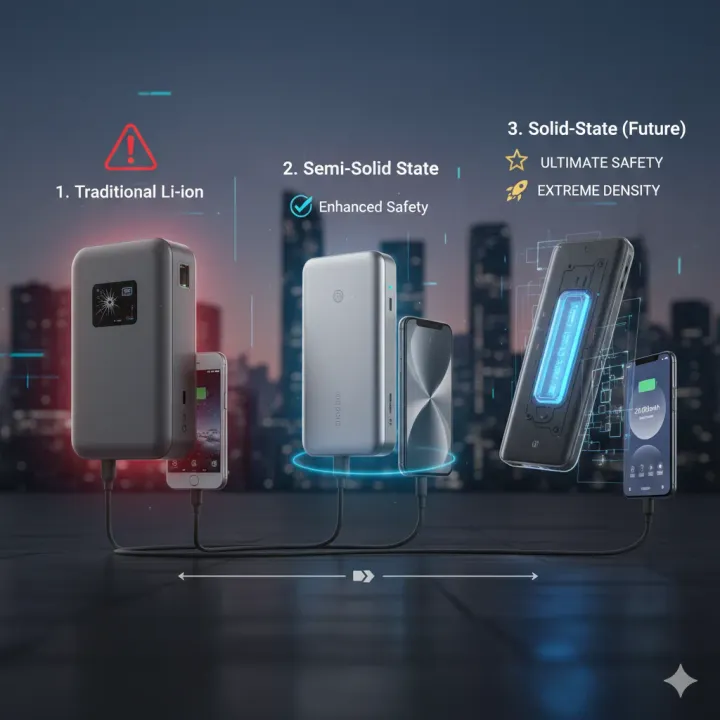 流動充電器專用 固態/半固態 vs. 現役鋰電池(Gemini AI製圖)