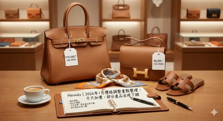 Hermès|2026 年 1 月價格調整重點整理：不只加價，部分產品出現下調。設計圖片